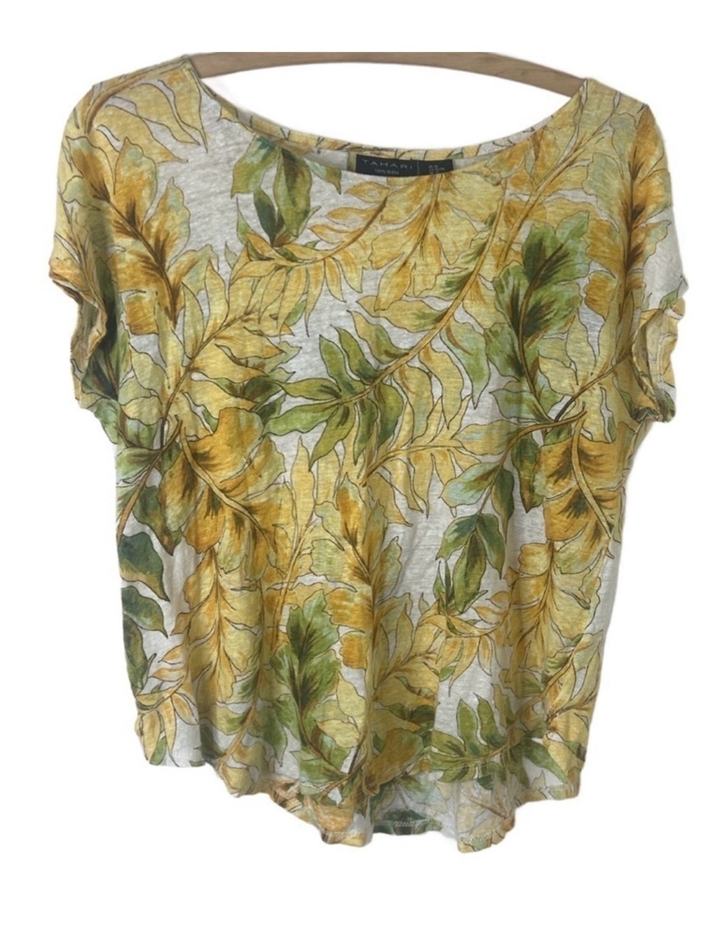 Tahari Yellow and Green Leaf Print Short Sleeve Top